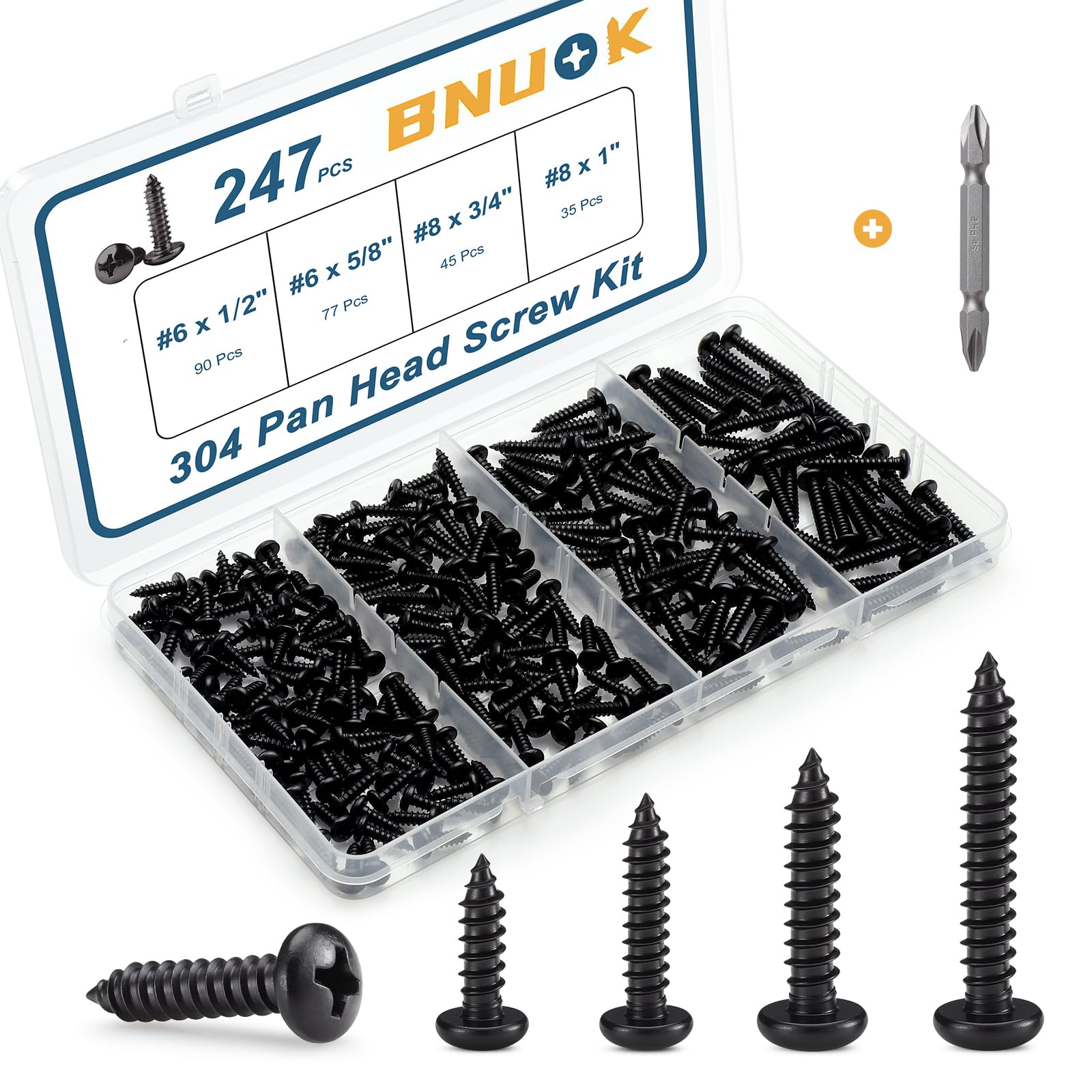 BNUOK 247Pcs Pan Head Wood Screws Assortment Kit, #6#8 Black Oxide Stainless Ste