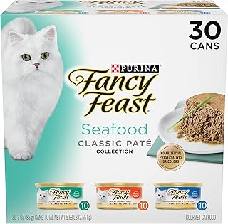 Purina Fancy Feast Seafood Classic Pate Variety Pack, 3 oz Cans, 30-Pack | Grain free wet cat food made with no artificial colors or preservatives, 100 percent complete and balanced