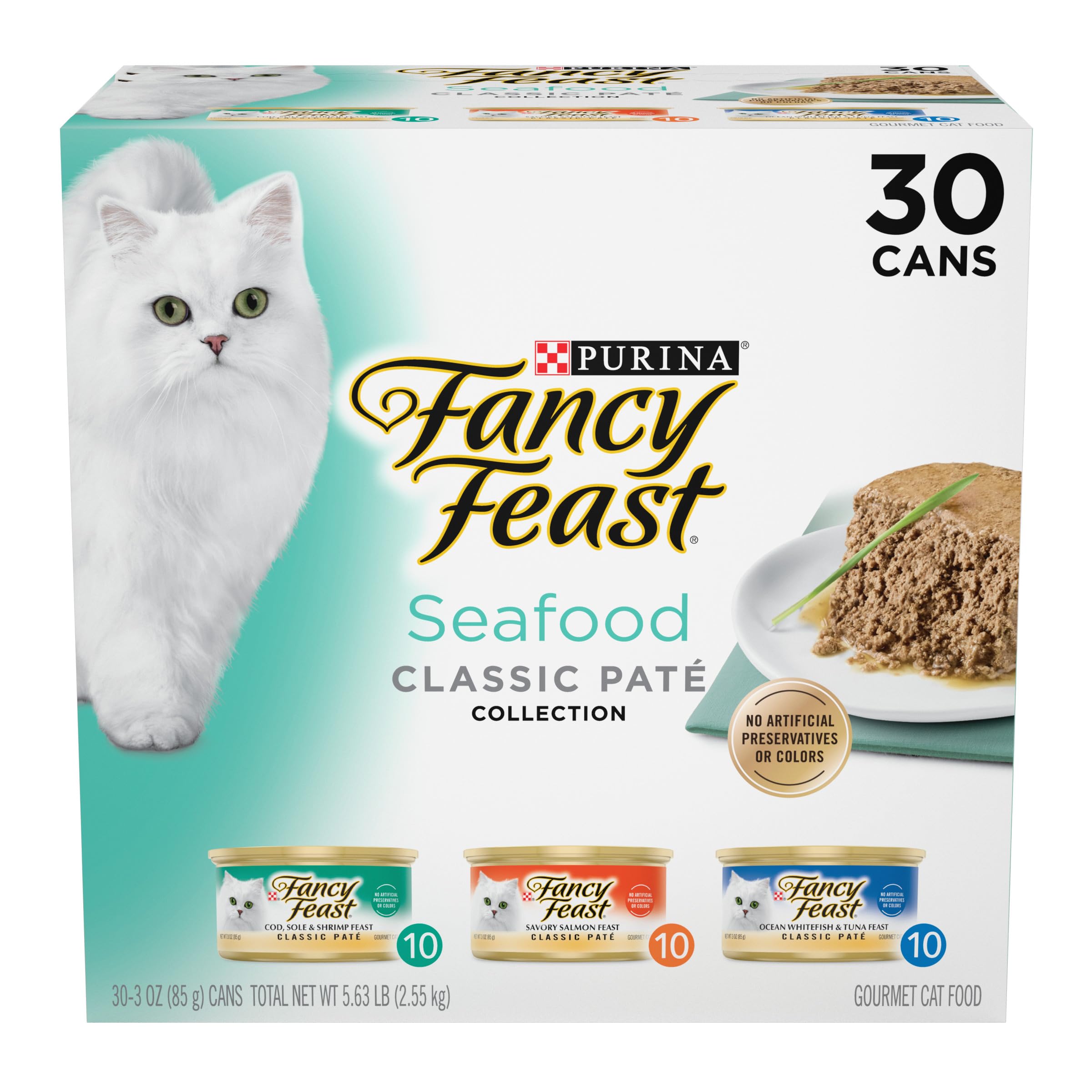 Purina Fancy Feast Seafood Classic Pate Variety Pack, 3 oz Cans, 30-Pack | Grain