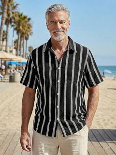 Palm Wave Men's Hawaiian Shirt Striped Vacation Shirt Button Down Shirt Short Sleeve Shirt Beach Top Tropical Top