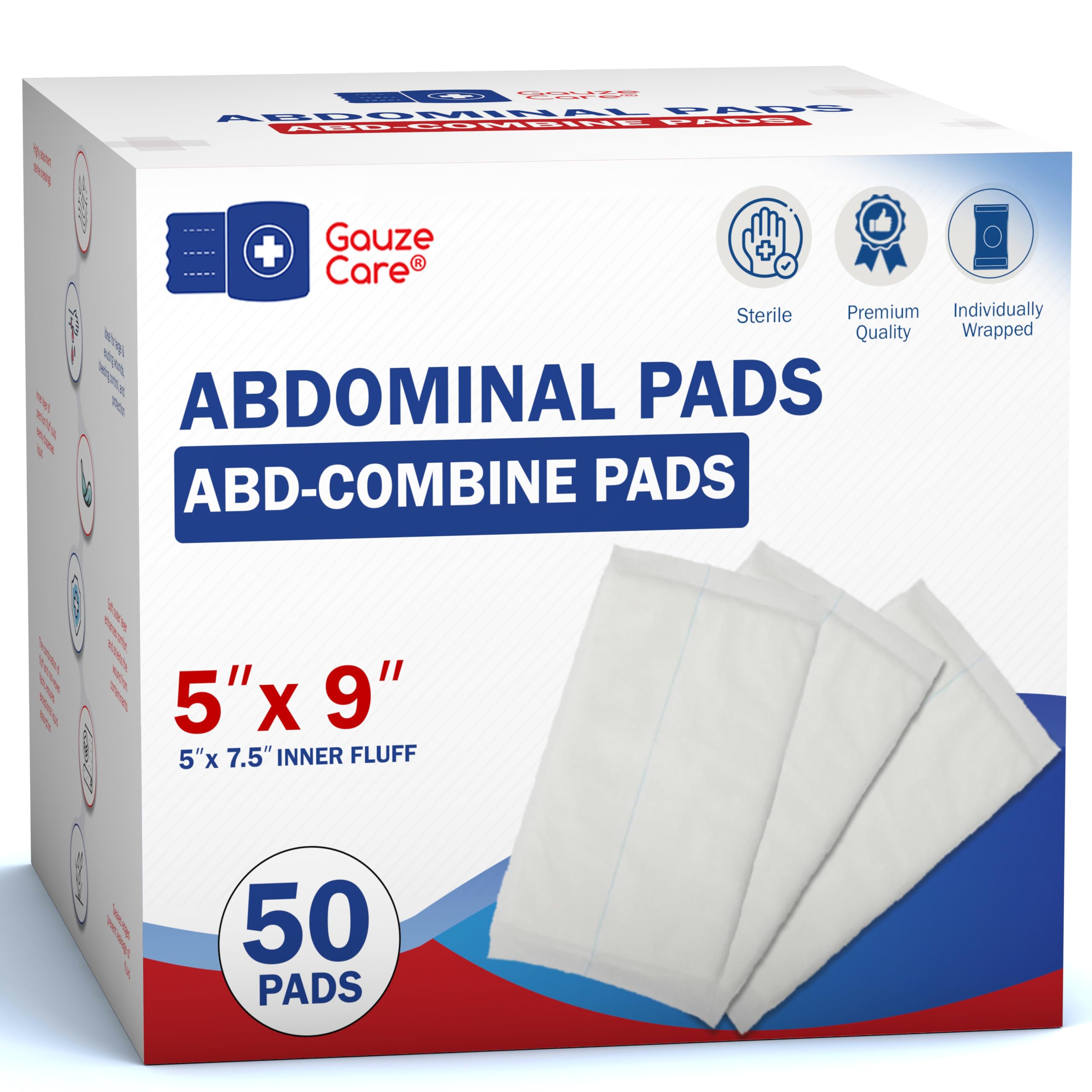 GauzeCare Sterile Abdominal- ABD Combine Pads| 50-Pack, 5 x 9 Inches| Extra Abso
