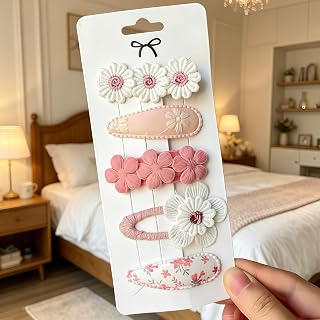 Set of 5 Flower Hair Clips Embroidered with Flowers Cute Pink and White Hair Clips for Girls Pink