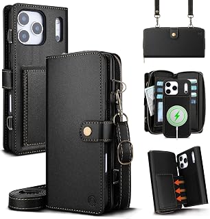 QIXIU Detachable Wallet Case for iPhone 18 Pro Max & 17 Pro Max, Black | MagSafe Magnetic Phone Case, PU Leather,RFID Blocking,Zipper Purse,11 Card Slots,Crossbody Strap,Kickstand,Shockproof,Flip,