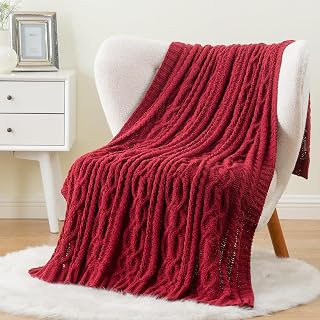 Battilo Cable Knit Christmas Red Throw Blanket for Couch, 51"x67"
