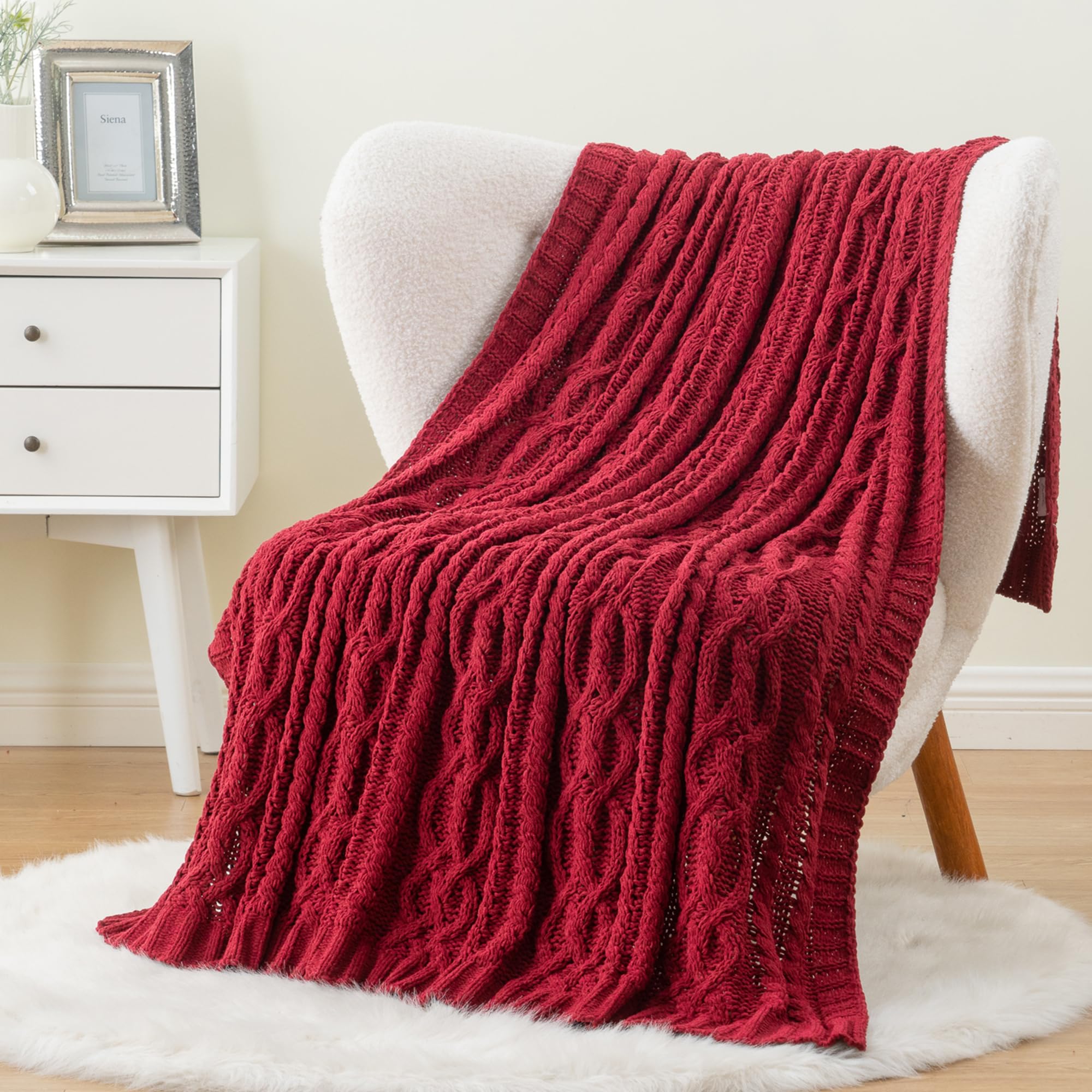 Battilo Cable Knit Christmas Red Throw Blanket for Couch, 51"x67"