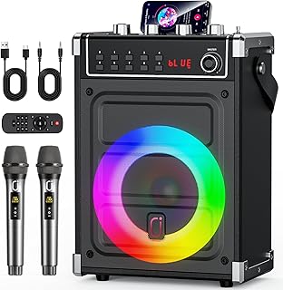 JYX Karaoke Machine with 2 Wireless Mics, 380W Peak Power, Disco Light | Bluetooth 5.3, 24H PlayTime, 5.25'' Subwoofer, TWS Stereo Pairing, Treble & Bass Adjust, FM Radio & Recording