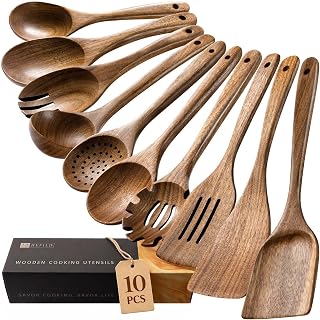 Hefild Wooden Spoons for Cooking, 10-Piece Acacia Wood Cooking Utensil Set | Spoons and spatulas stir, mix, flip and serve; balanced handles offer control while staying gentle on nonstick cookware.