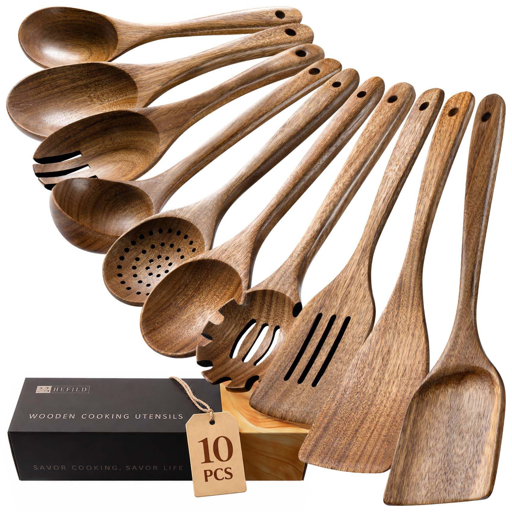 Hefild Wooden Spoons for Cooking, 10-Piece Acacia Wood Cooking Utensil Set | Spo