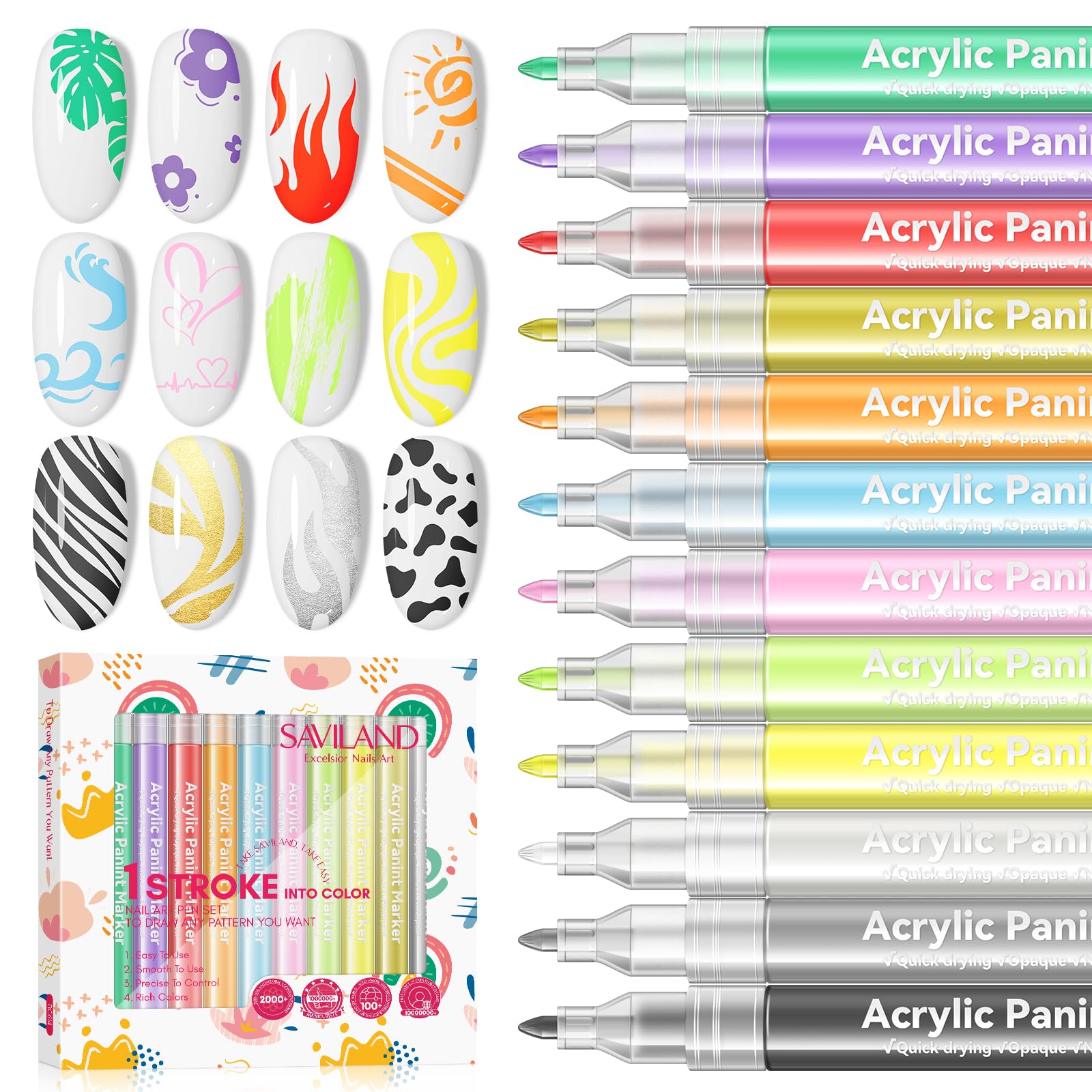 SAVILAND 12 Colors Nail Art Pens Set, 0.7mm Fine Tip Nail Polish Pens | 20s Quic