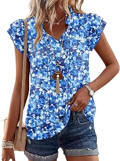 LOMON Blusas florales de verano 2026 a la moda, cuello en V, con volantes, manga corta, con cordón, lindas blusas de gasa bohemias