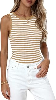 PRETTYGARDEN Canotte estive a righe a collo alto per le donne Maglioni senza maniche Casual Magliette aderenti in maglia a coste di base