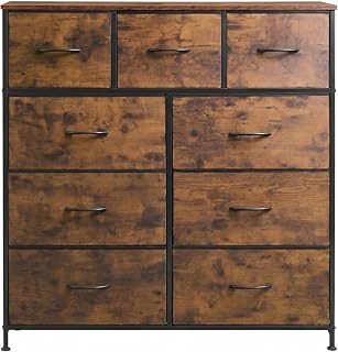 WLIVE Tall Dresser for Bedroom, 9 Drawer Chest of Drawers, Rustic Brown | 9 roomy fabric drawers, Tall storage design, Bedroom or closet use, Sturdy steel frame, Smooth wood tabletop