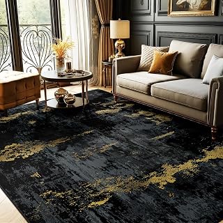 RELEANY 5'x7' Area Rug Modern Washable Rugs, Dark Black Gold | Low Pile Non Slip, Abstract, Soft Print, Home Decor, Indoor Carpet for Living Room Bedroom Kitchen Hallway Dining Room Office