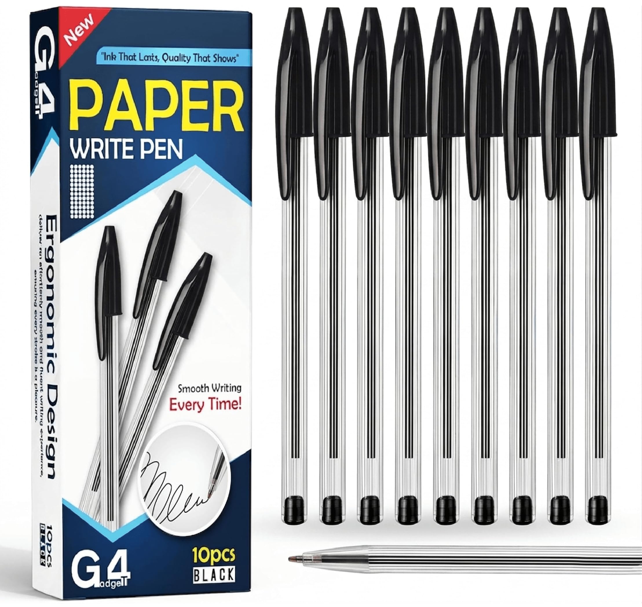 G4GADGET Premium Pack of 10 Black Biro Ballpoint Pens - Medium Tip for Fluent, S