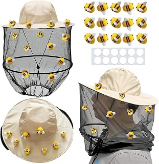 54Pcs Beekeeper hat Set Including 2Pcs Bee Keeper Hats, 12Pcs Wool Felt Bee, Round Double Sided Tape,Bee Keeper Costume Helmet Bug Insect Hats with Netting for Beekeeper Halloween Costume Adult