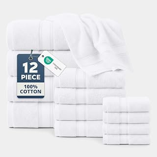 White Bath Towels Set, 12 Piece 100% Cotton Towels - 4 Bath, 4 Hand, 4 Wash | 100% Cotton Towels - Super Absorbent, Soft & Quick Dry, 550 GSM, Towels for Bathroom, Spa & Hotel