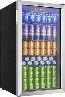 EUHOMY 93L Drinks Fridge, 126 Can Beer Fridge with Glass Door, Wine fridge with Adjustable Shelves for Soda Beer or Wine, Home/Bar/Office, Silver, Steel, One-Touch Control [Energy Class F]
