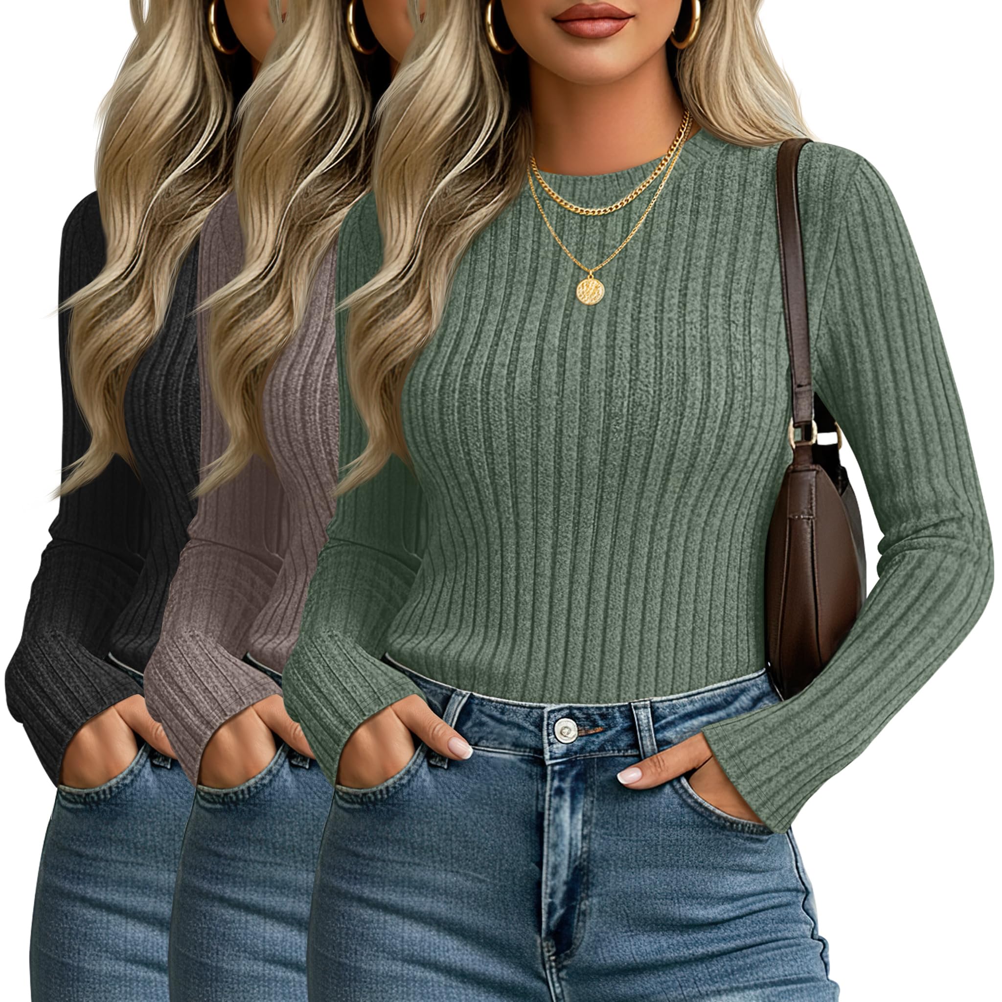 3 Pack Women's Fitted Sweaters Long Sleeve Tops