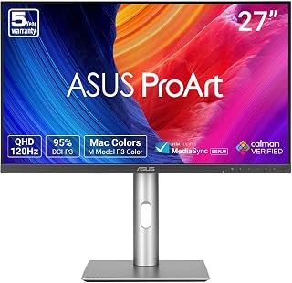 ASUS ProArt Display PA278QV2 27 Inch Professional Monitor | IPS, 95% DCI-P3, DeltaE<2, Calman Verified, 120Hz, HDR-10, Light Sync, Ergonomic Stand, VESA MediaSync, Green Sustainability