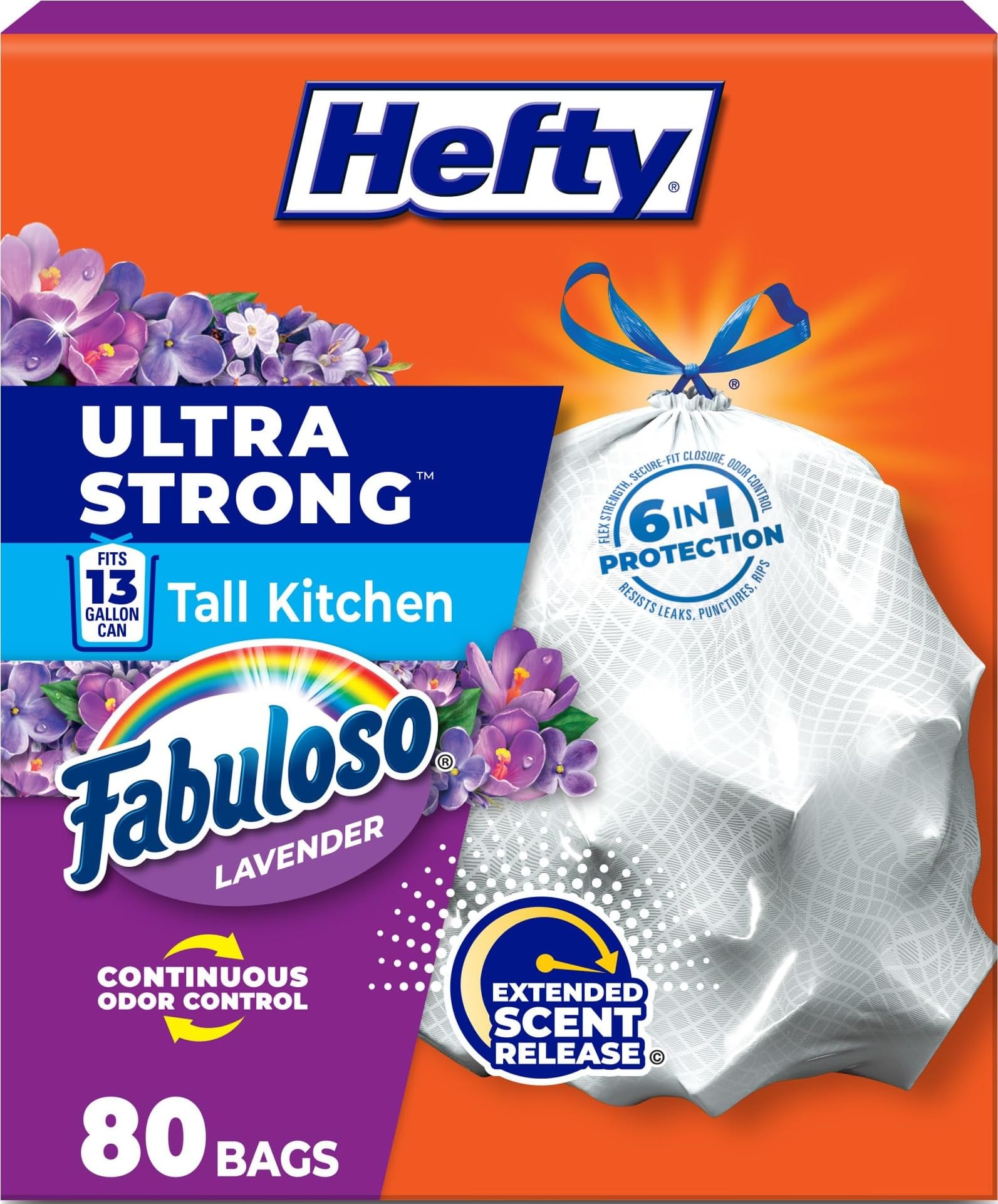 Hefty Ultra Strong 13 Gal Kitchen Trash Bags, Fabuloso Lavender, 80ct | 13G Tall