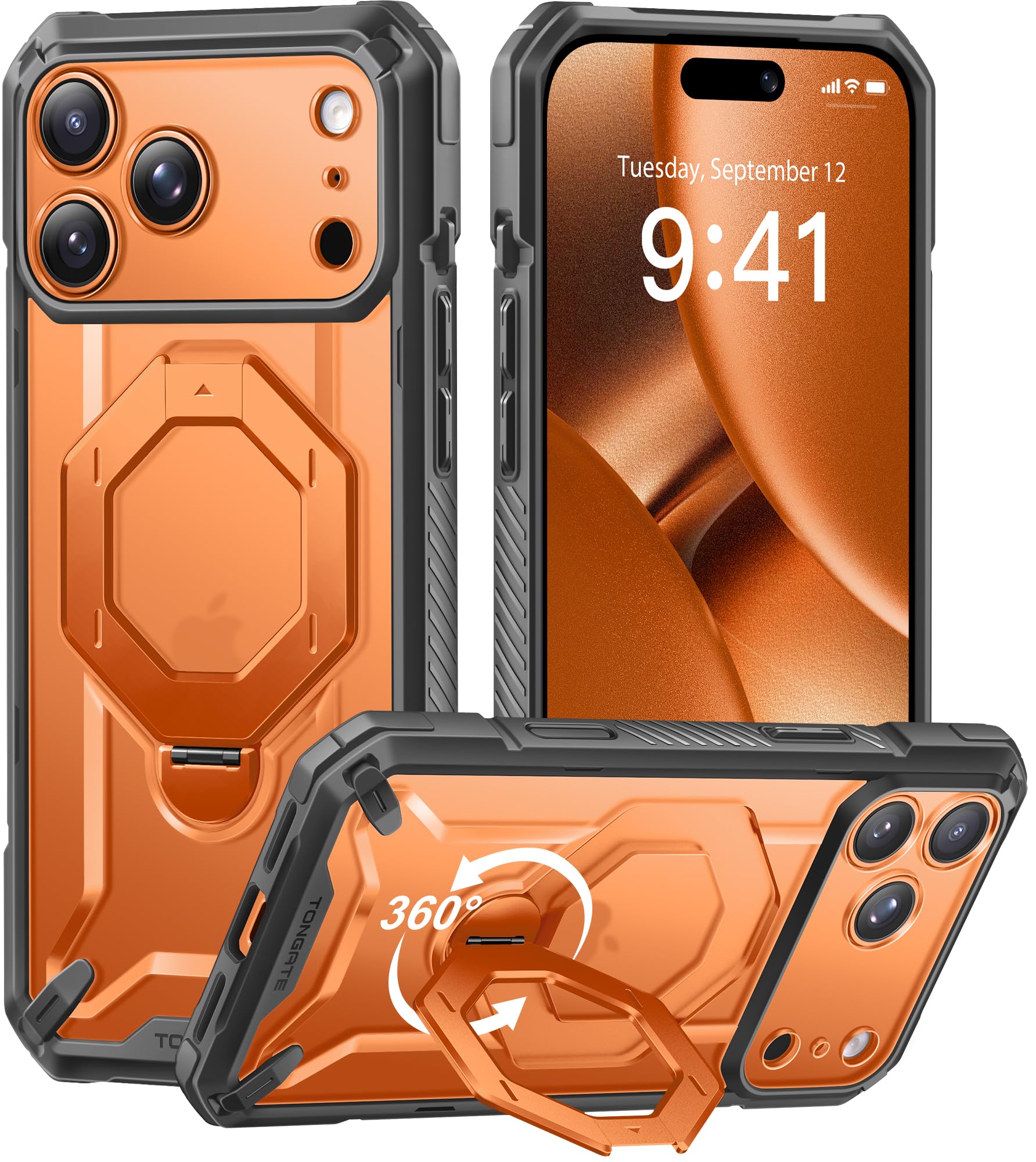 TONGATE for iPhone 17 Pro Case with 360° Spin Magnetic Stand, Clear Orange