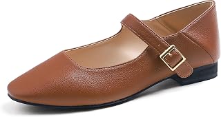 Feversole Women's Square Toe Mary Jane Fashion, Square Toe Easy Buckle Low Heel Slip On Flats in Vegan Leather