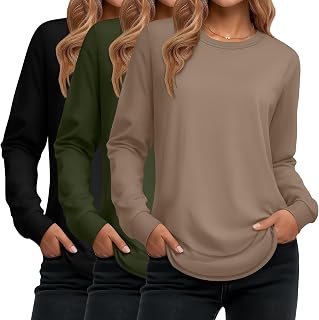 Ficerd Pack of 3 Women's Long Sleeve Tunic Round Neck Cotton Loose Fit Casual Curved Hem T-Shirts