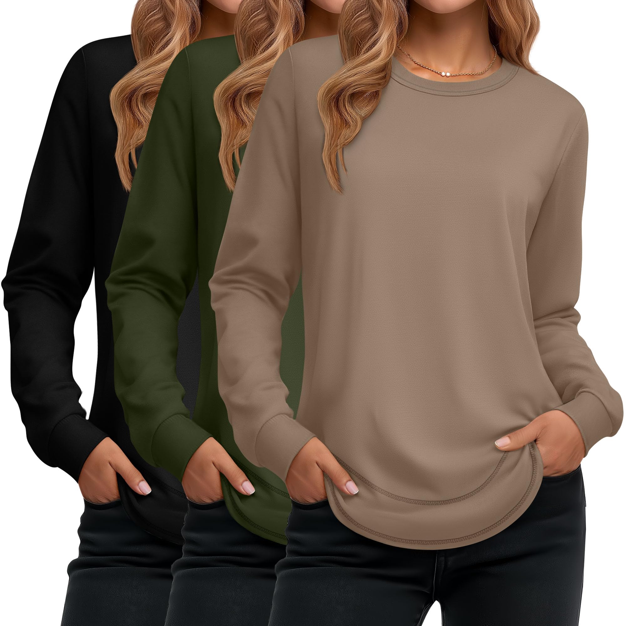 Ficerd Pack of 3 Women's Long Sleeve Tunic Round Neck Cotton Loose Fit Casual Cu