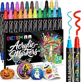 Betem 24 Colors Dual Tip Acrylic Paint Markers, Fabric Decorating Kits | Acrylic Paint Pens Art Supplies for Fabric, Rock, Wood, Glass, Canvas, Ceramic, Pumpkin Painting Kit & Halloween Crafts