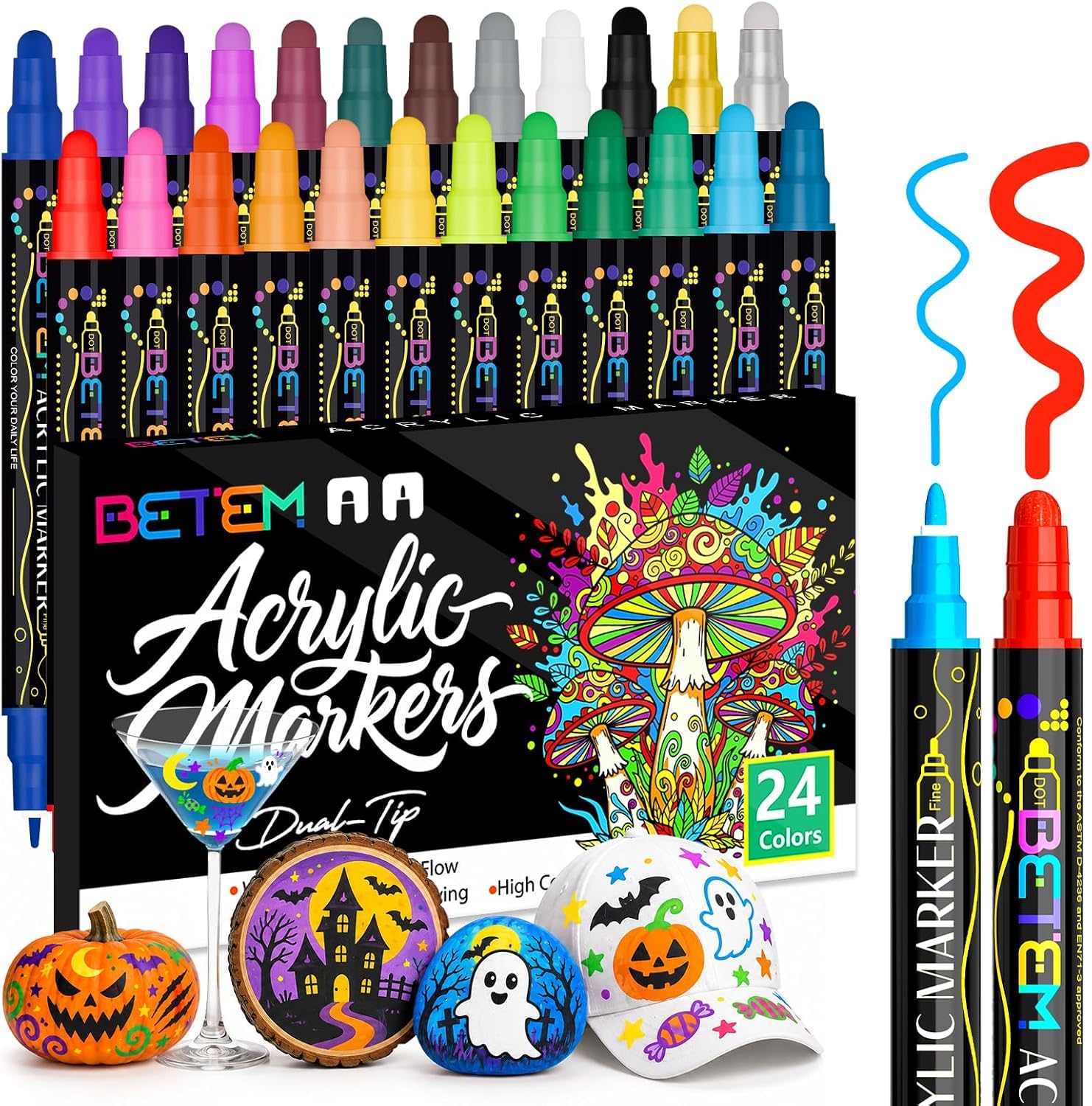 Betem 24 Colors Dual Tip Acrylic Paint Markers, Fabric Decorating Kits | Acrylic