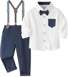 Volunboy Baby Boy Gentleman Set, Plaid Shirt with Bow Tie + Suspenders Pants 4 Pieces Suit Clothes