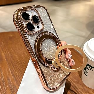 360 Spin Magnetic Stand for iPhone 16 Pro Max Case Glitter Card Compatible with Magsafe with Camera Lens Protector Women Phone Case for iPhone 16 Pro Max,Gold