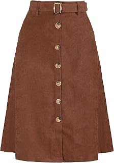 Allegra K Women's Button Front High Waist A-Line Belted Corduroy Midi Skirt