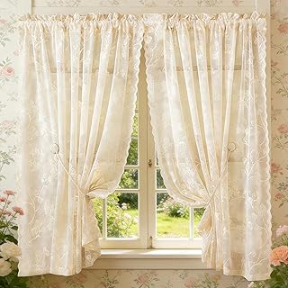 2 Panels 56x23 Inch Vintage Lace French Sheer Curtains Beige Chiffon Curtains Ruffle Cafe Curtains Light Filtering Cafe Curtains for Kitchen Bedroom Windows