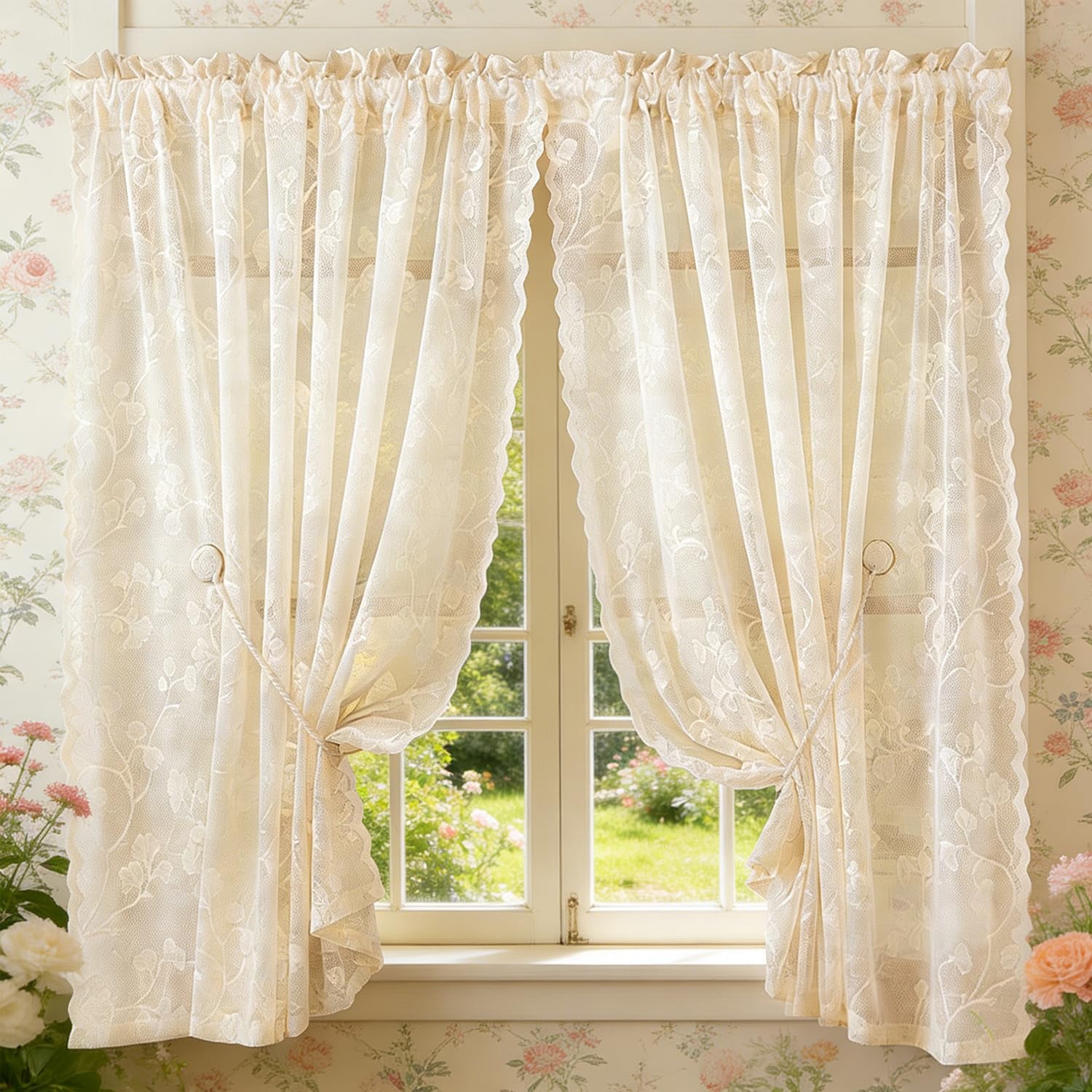 2 Panels 56x23 Inch Vintage Lace French Sheer Curtains Beige Chiffon Curtains Ru
