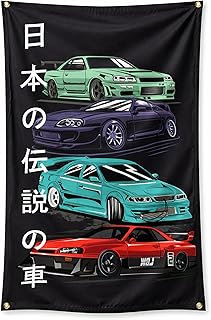 LUIVU 3x5 Feet Car Flag with Four Brass Grommets - Cool Polyester Racing Flag Banner For Outside on Inside Home Decoration - Vintage JDM GTR Fans Wall Tapestry Huge Garage Decor