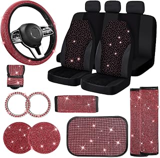 Jusen 17 Pack Bling Car Seat Covers Set Car Diamond Accessories Rhinestone Crystal Steering Wheel Cover, Bling Velvet Breathable Glitter Center Console Pad Universal Car Interio (Full Set/Red)