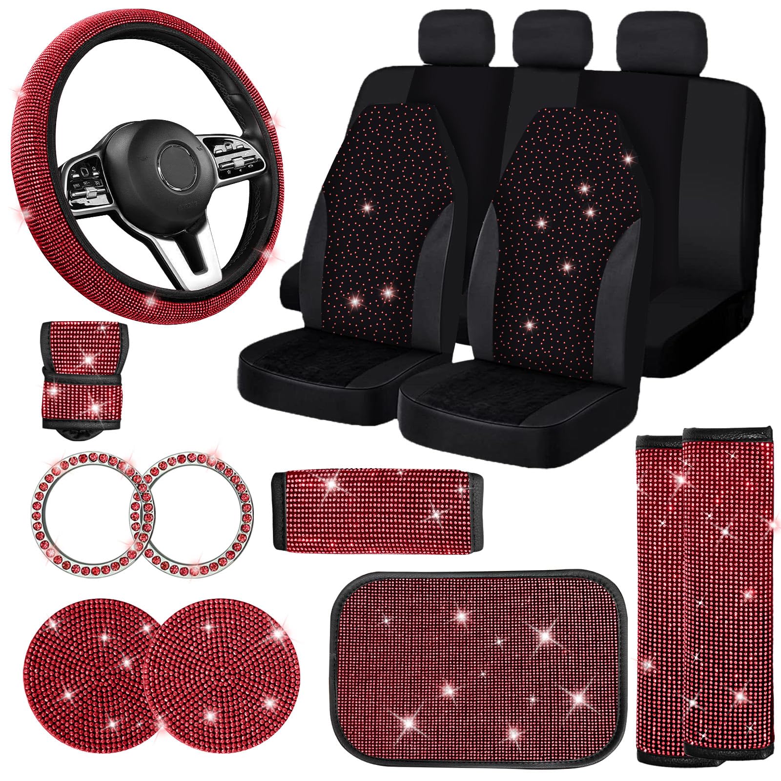 Jusen 17 Pack Bling Car Seat Covers Set Car Diamond Accessories Rhinestone Cryst