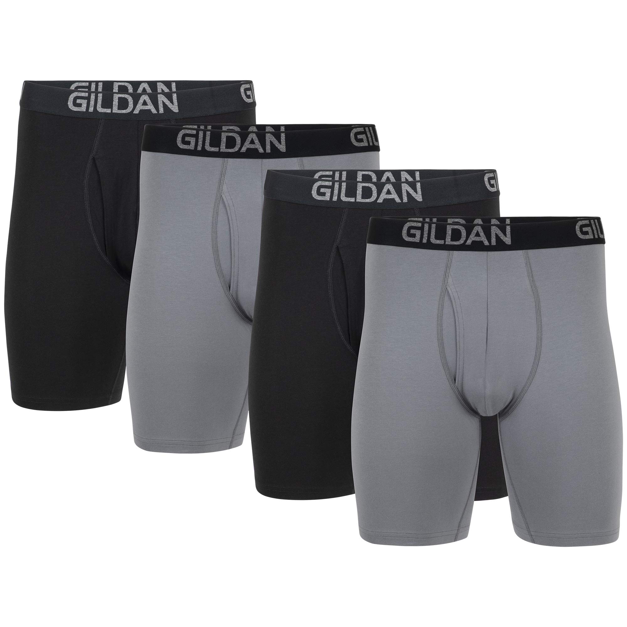 Gildan Men's Cotton Stretch Long Leg Boxer Brief, Grey Flannel/Black Soot (4-Pac
