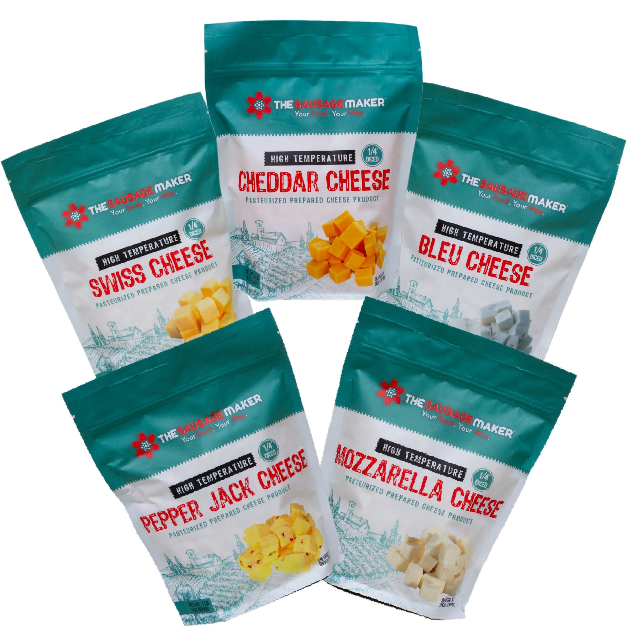 High Temperature Cheese Assortment Pack - The Sausage Maker | Cheddar, Swiss, Pe
