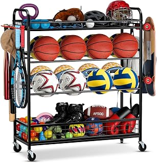 EXTCCT Garage Sports Equipment Organizer - Rolling Ball Storage with Wheels | Garage Sports Gear Rack Outdoor Basketball Racks for Balls with Baseball Bat Holder and Hooks, Toy Organizer