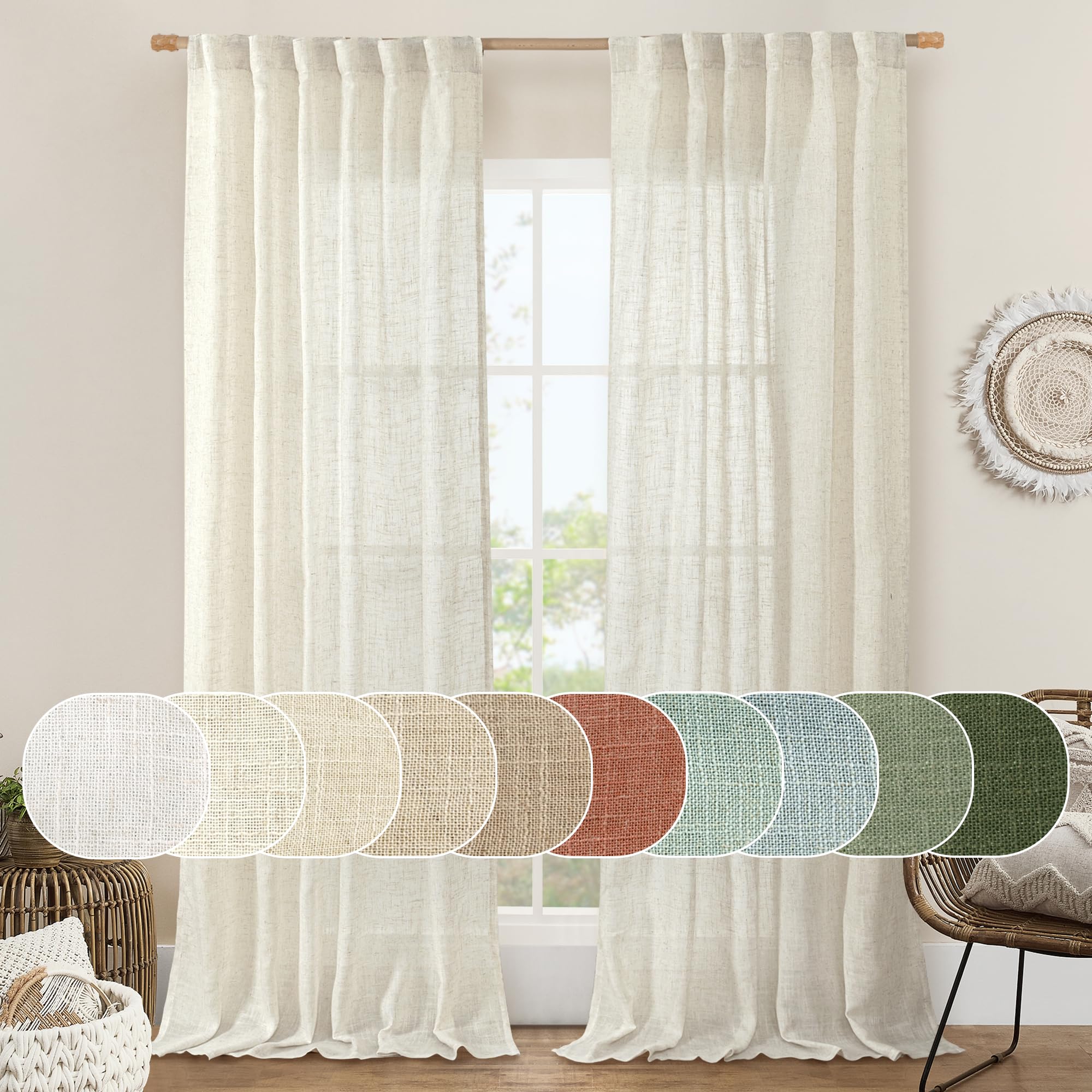 LAMIT Natural Ivory Semi Sheer Linen Curtains 84 inch Long for Bedroom | Cream W