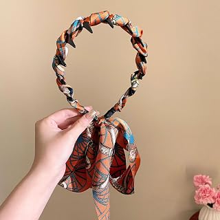 Women Fashion Orange Print Bow Headband Forest Style Bohemian Headwear with Gold Chain Stylish Hair Accessories Perfect for Summer Beach