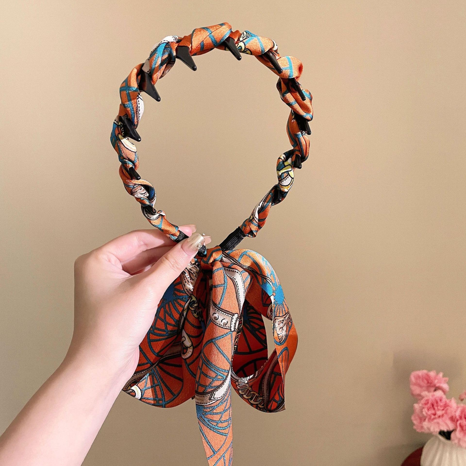 Women Fashion Orange Print Bow Headband Forest Style Bohemian Headwear with Gold