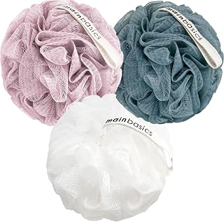 MainBasics Shower Loofah Sponge Pouf, Set of 3, Airy Blossom | Soft Mesh Body Scrubber and Bath Sponge for Gentle Exfoliation, Rich Lather, and Everyday Shower Use