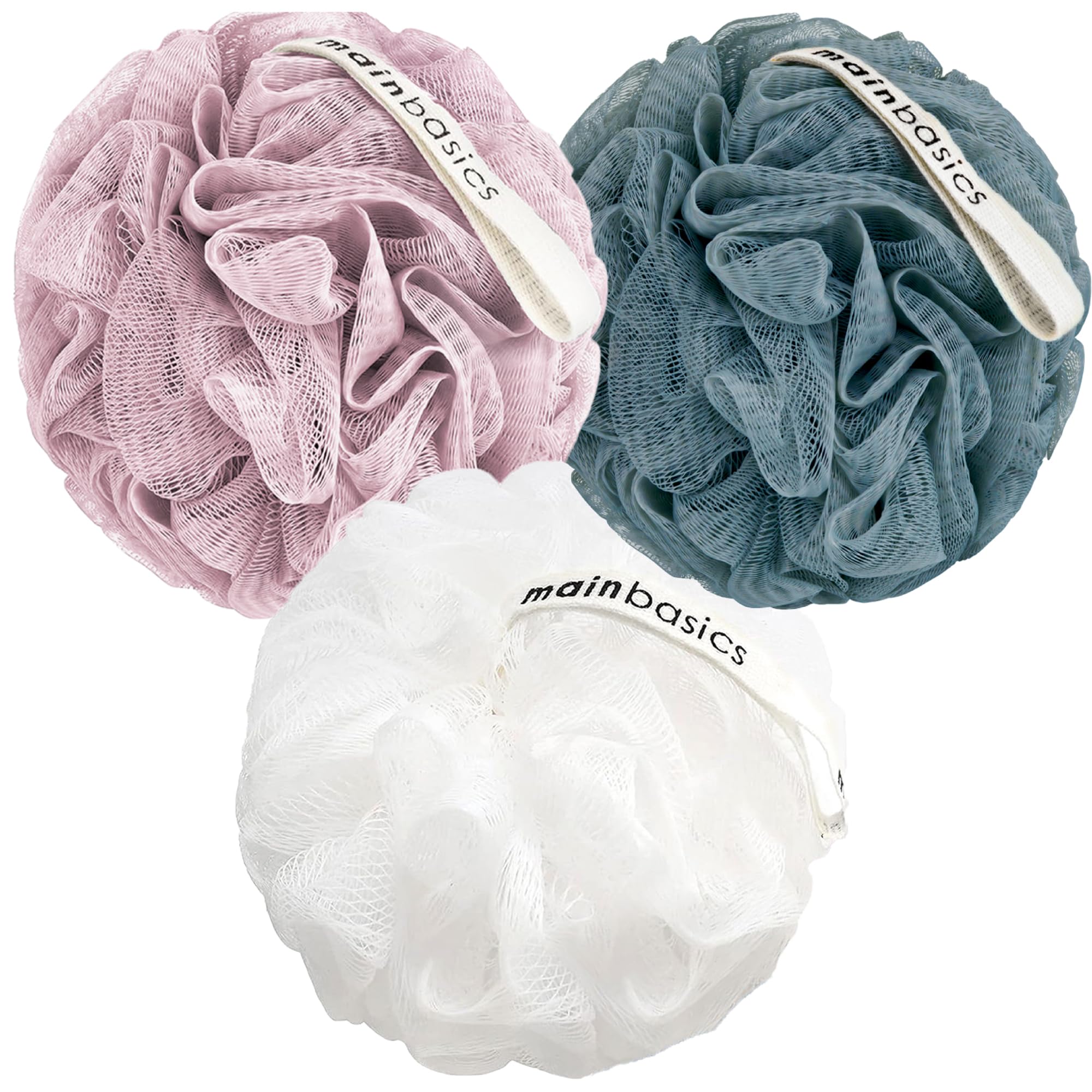 MainBasics Shower Loofah Sponge Pouf, Set of 3, Airy Blossom | Soft Mesh Body Sc
