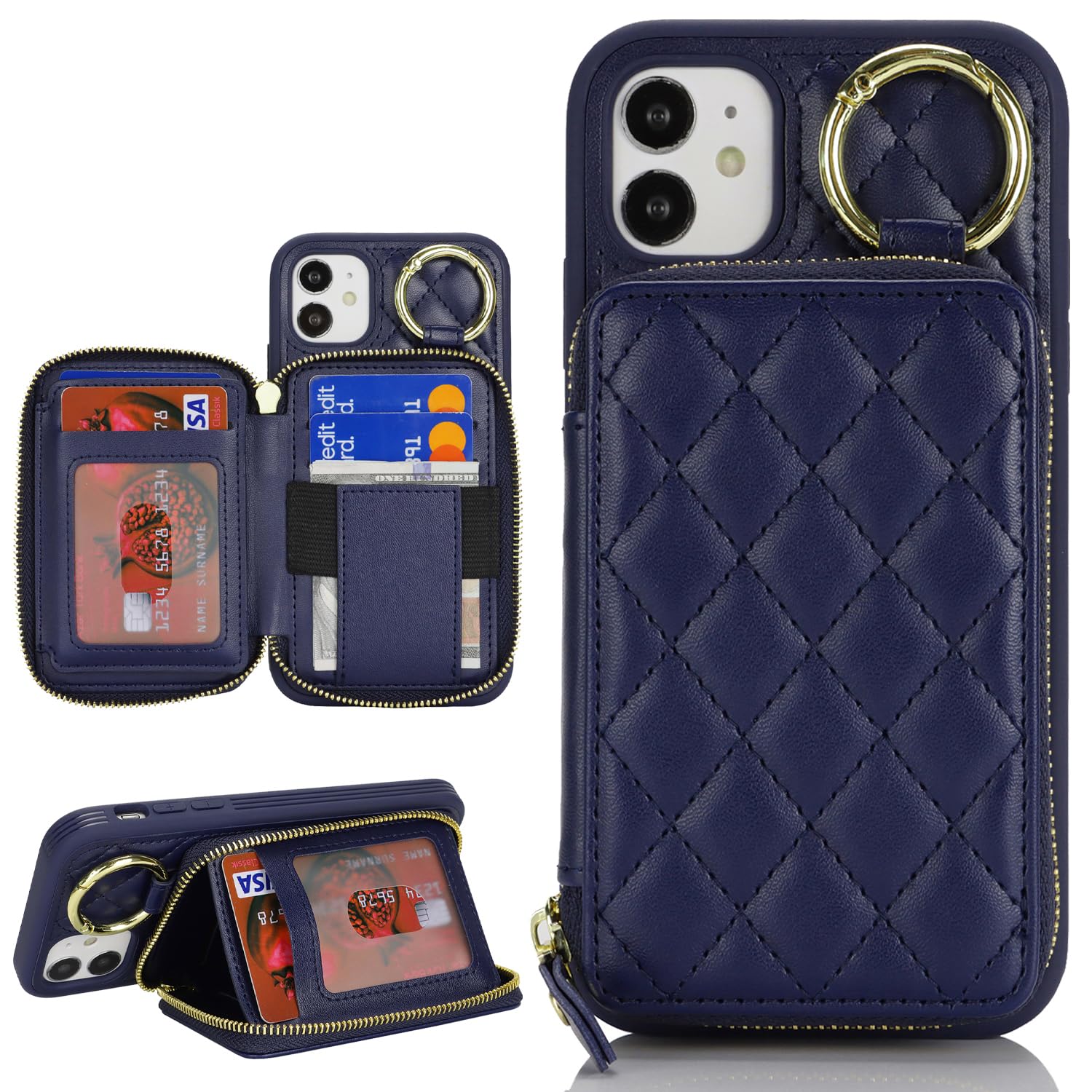 for iPhone 12 Case Wallet with Card Holder-Blue