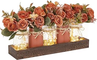 Mkono Fall Table Centerpieces for Dining Room Decor with Mason Jar Lights | Coffee Table Decor with Artificial Flowers, Wood Tray, Warm Glow, Rustic Farmhouse Kitchen Living Room Wedding Decoration