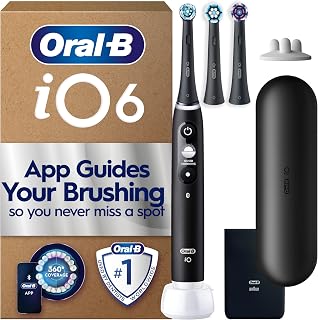 Oral-B iO6 Electric Toothbrush, Black, with Travel Case and Spare Heads | 5 Cleaning Modes with Teeth Whitening, Long-Lasting Battery with Travel Case for Home and Travel, UK Two Pin Plug