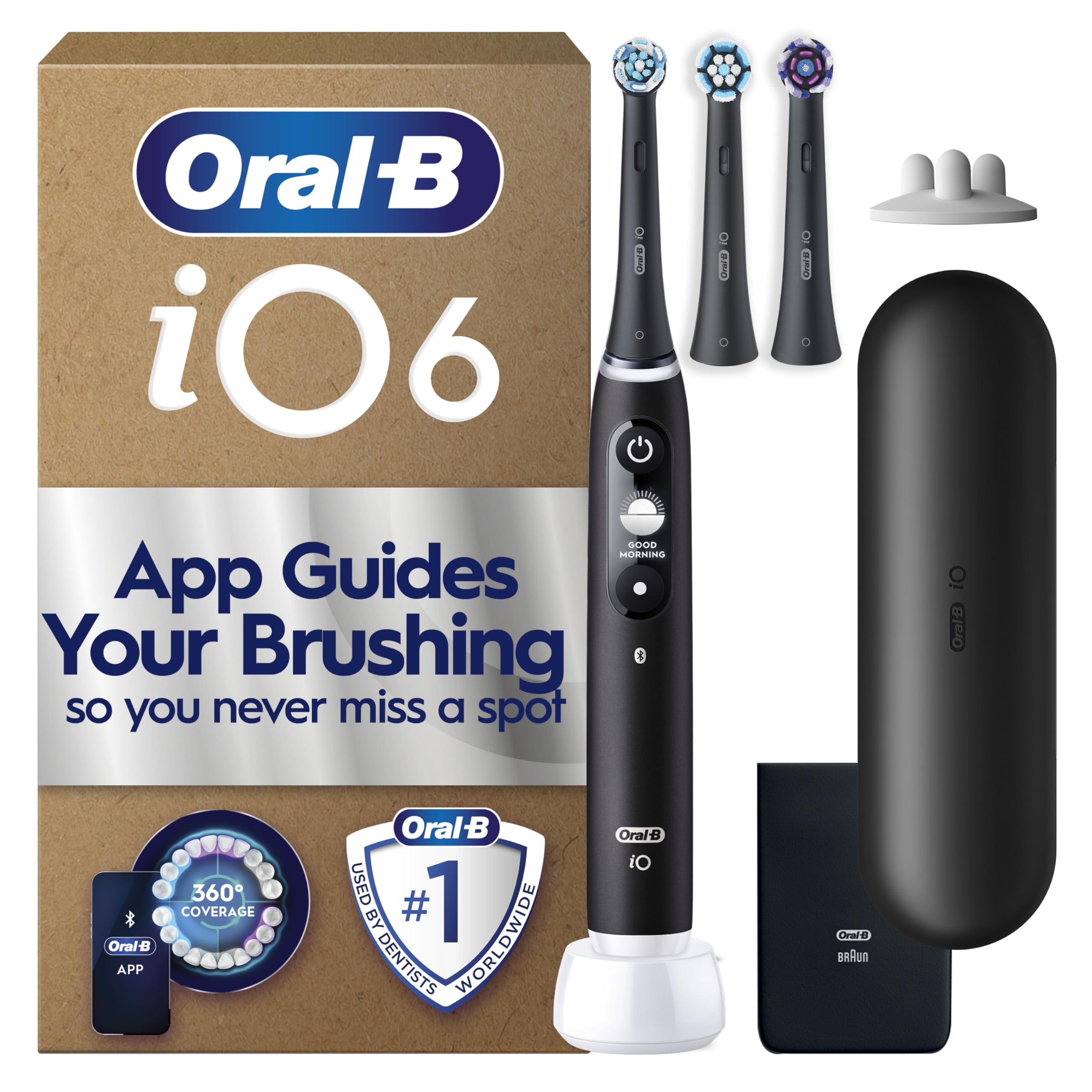 Oral-B iO6 Electric Toothbrush, Black, with Travel Case and Spare Heads | 5 Clea